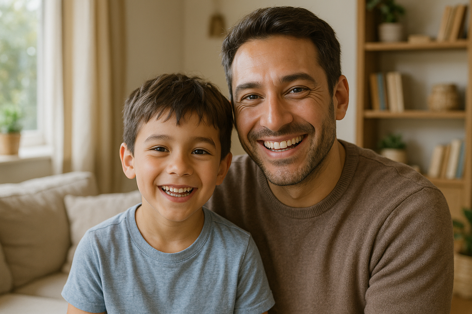 un homme et un jeune garcon qui sourit ensemble chez eux